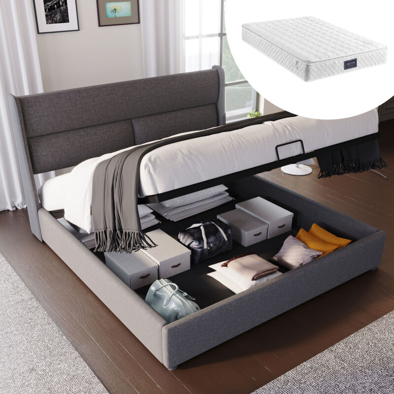foto del prodotto letto matrimoniale imbottito con testiera regolabile, letti con contenitore, giroletto in materiale di lino, letto per ragazzi 140x200 con rete a