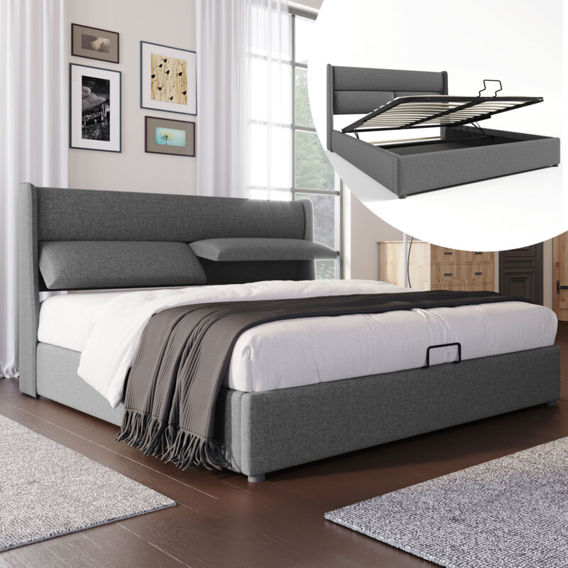 immagine 0 del prodotto letto matrimoniale imbottito con testiera regolabile, letti con contenitore, giroletto in materiale di lino, letto per ragazzi 160x200 con rete a