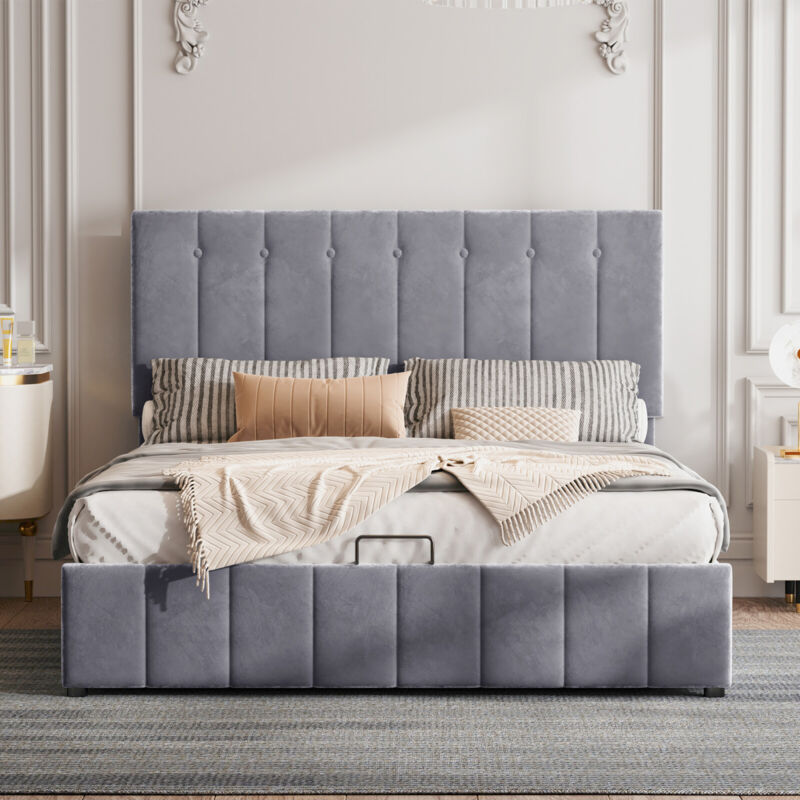 immagine 0 del prodotto letto matrimoniale imbottito con vano contenitore e rete a doghe in metallo, grigio 140200 cm