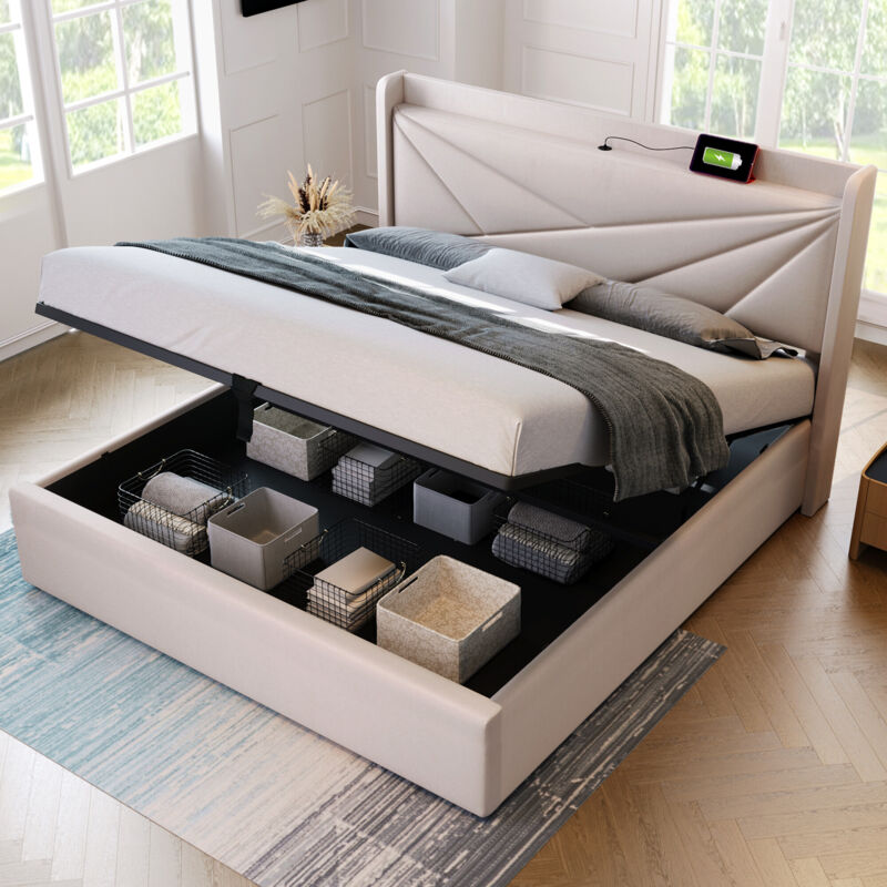 foto del prodotto letto matrimoniale imbottito con vano contenitore, testiera con funzione di ricarica usb type c, letto per ragazzi 140x200 con rete a doghe senza