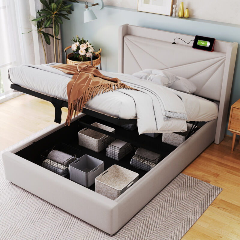 foto del prodotto letto matrimoniale imbottito con vano contenitore, testiera con funzione di ricarica usb type c, letto teenager 90x200 con rete a doghe senza