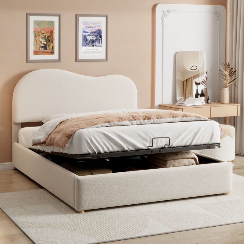 foto del prodotto letto matrimoniale imbottito idraulico, testiera regolabile, testiera dalla forma speciale, letto con rete a doghe in metallo, giroletto moderno con