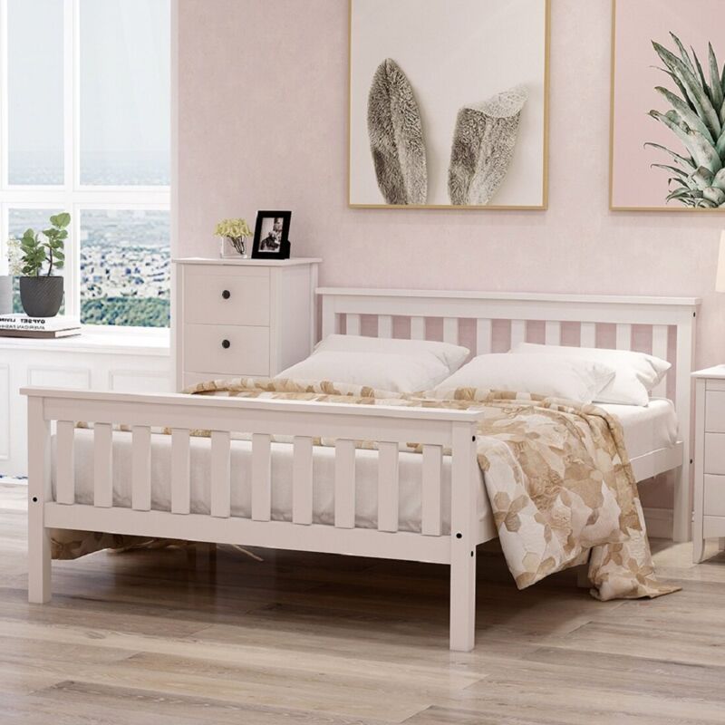 foto del prodotto letto matrimoniale imbottito in legno con rete e testiera a doghe, bianco 200x140