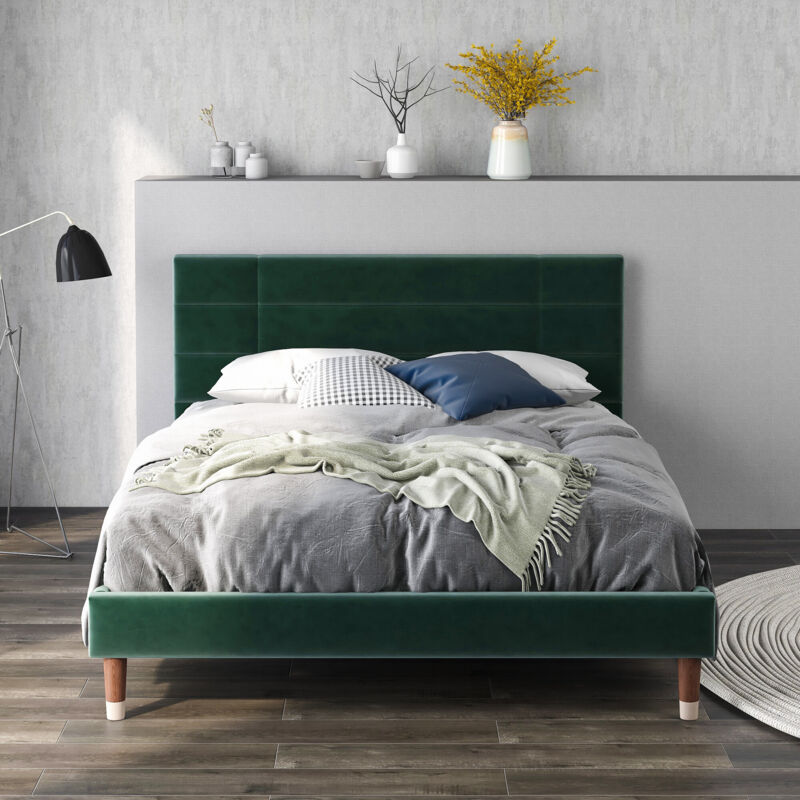 foto del prodotto letto matrimoniale imbottito in legno con rete e testiera a doghe, verde scuro 200x140