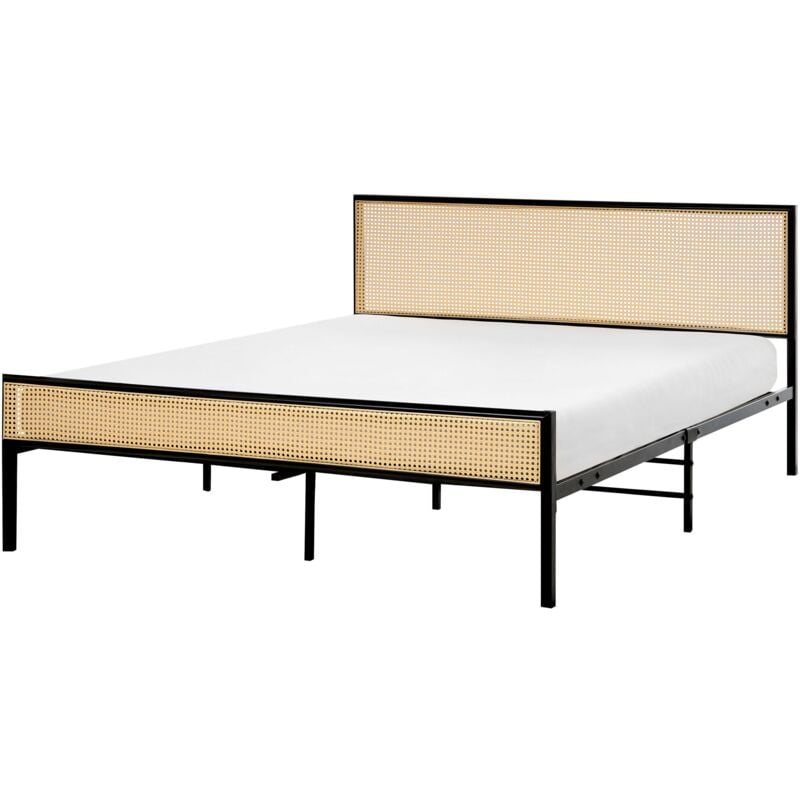 foto del prodotto letto matrimoniale imbottito in tessuto nero con rete a doghe e gambe in legno 160 x 200 cm fitou