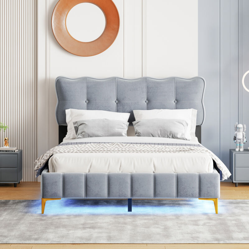 foto del prodotto letto matrimoniale imbottito per adulti 140 x 200 cm in velluto con illuminazione a led e rete a doghe, piedini alti in metallo, grigio, senza