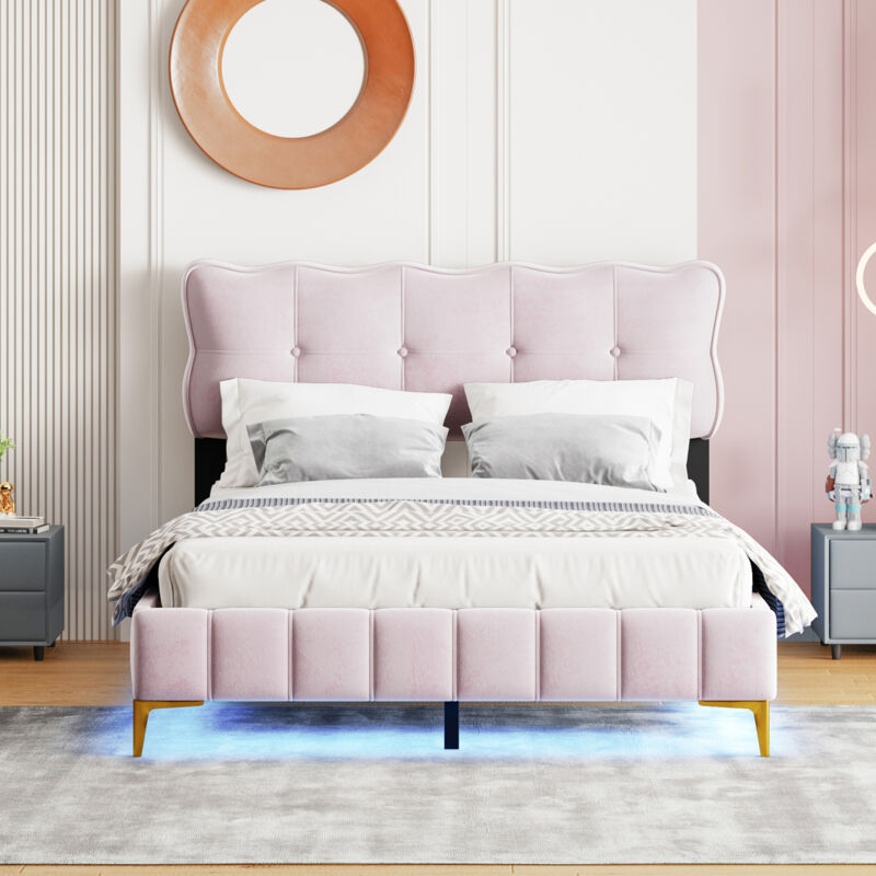foto del prodotto letto matrimoniale imbottito per adulti 140 x 200 cm in velluto con illuminazione a led e rete a doghe, piedini alti in metallo, rosa, senza materasso