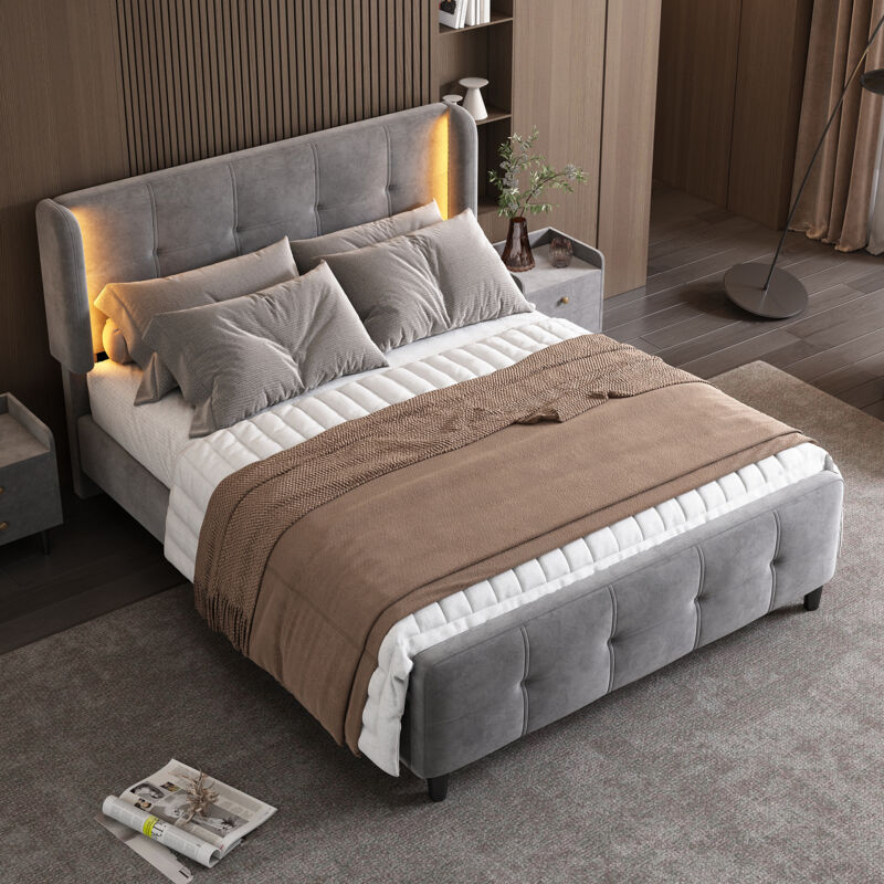 foto del prodotto letto matrimoniale imbottito per adulti 140 x 200 cm in velluto con strisce led a 16 colori sulle orecchie laterali, grigio