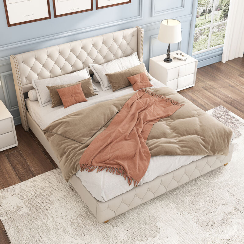 foto del prodotto letto matrimoniale imbottito per adulti 160 x 200 cm con testiera imbottita con bottoni e rivetti e rete a doghe, piedini in legno, lino, beige,