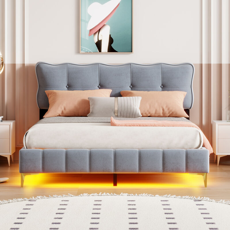 foto del prodotto letto matrimoniale imbottito per adulti 160 x 200 cm in velluto con illuminazione a led e rete a doghe, piedini alti in metallo, grigio, senza