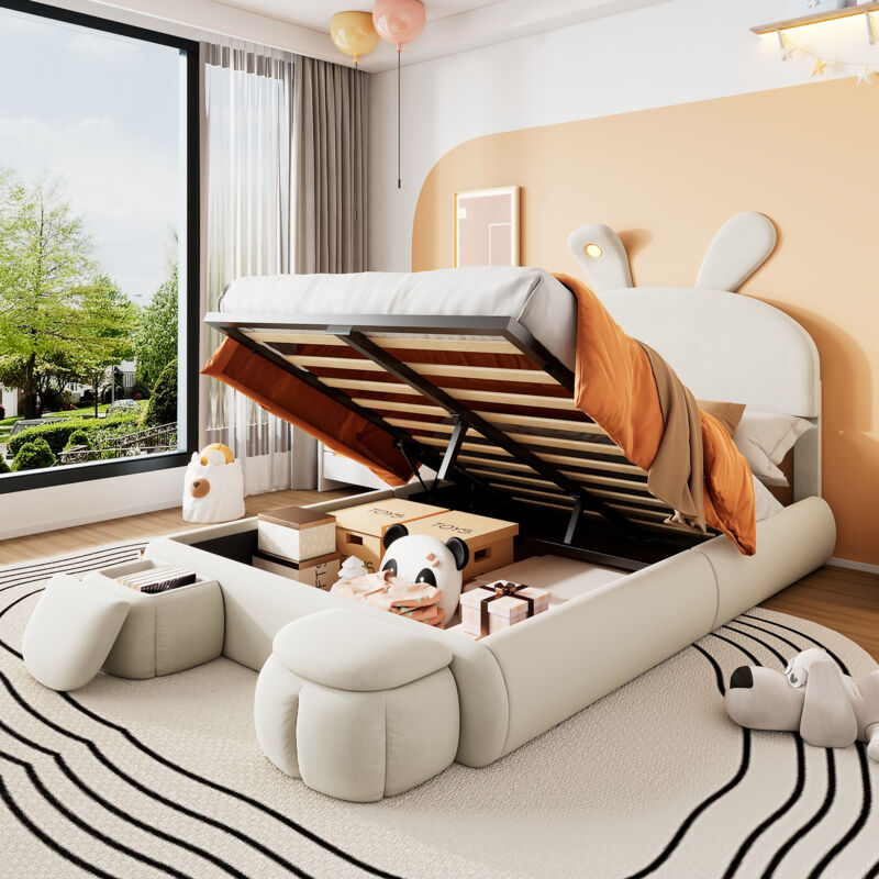 foto del prodotto letto matrimoniale imbottito per bambini 140 x 200 cm, orecchie di coniglio con strisce luminose, 2 sgabelli contenitore, velluto, beige