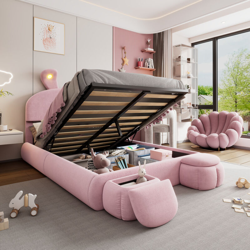 foto del prodotto letto matrimoniale imbottito per bambini 140 x 200 cm, orecchie di coniglio con strisce luminose, 2 sgabelli contenitore, velluto, rosa