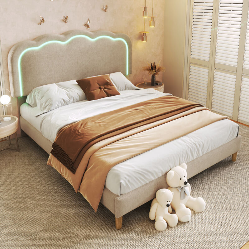 foto del prodotto letto matrimoniale imbottito per ragazzi 140 x 200 cm led con rete a doghe e testiera regolabile, lino, beige