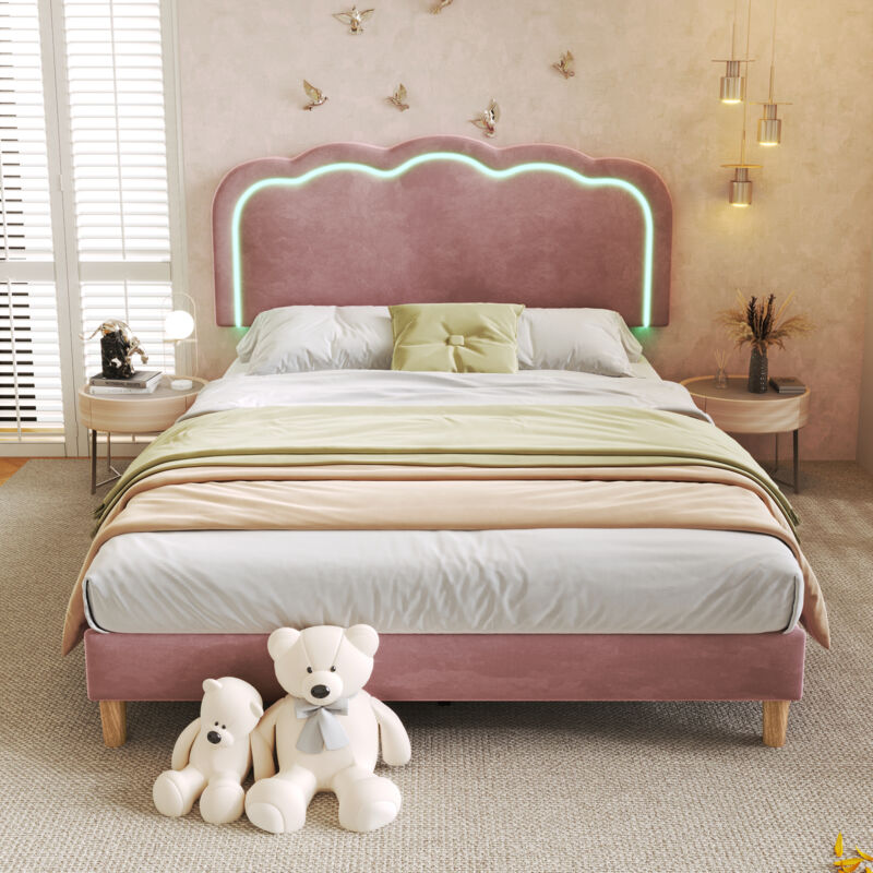 foto del prodotto letto matrimoniale imbottito per ragazzi 140 x 200 cm led con rete a doghe e testiera regolabile, velluto, rosa