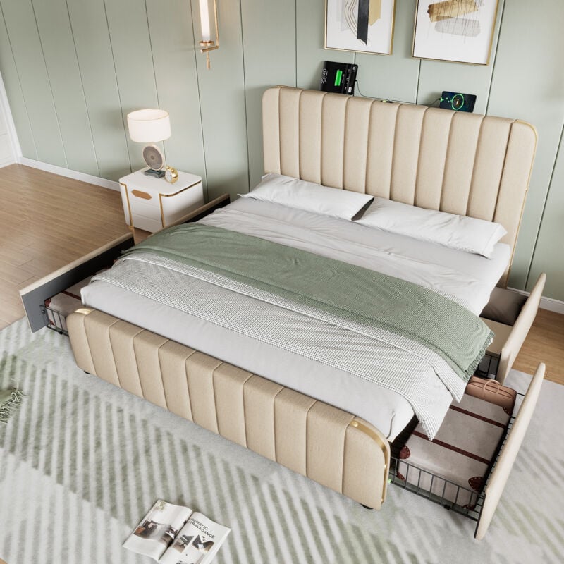 foto del prodotto letto matrimoniale imbottito, testiera imbottita con strisce decorative dorate e funzione di ricarica usb type c 140200 cm, materiale in lino beige