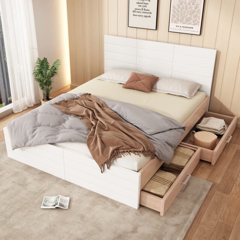 foto del prodotto letto matrimoniale in legno 160 200 cm con 2 cassetti, letto moderno con giroletto e rete a doghe 207 80 165 cm l h l in rovere bianco senza