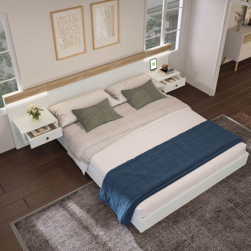 foto del prodotto letto matrimoniale in legno 160 x 200 cm e 2 comodini con led e usb. rovere e bianco. senza materasso