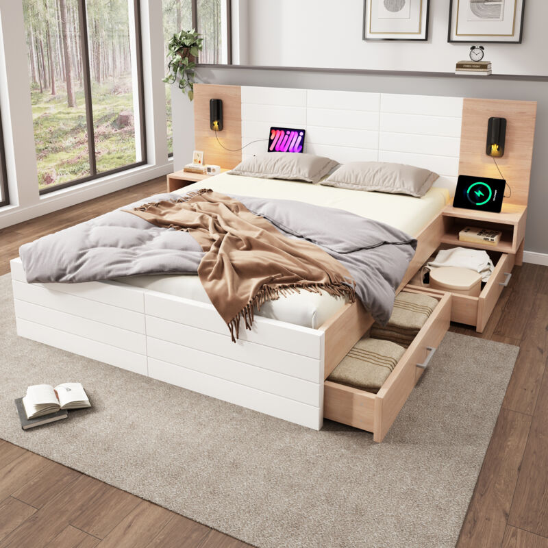 foto del prodotto letto matrimoniale in legno 180 x 200 cm con 2 cassetti, lampada da lettura con funzione di ricarica usb, letto moderno con 2 box notte, giroletto e
