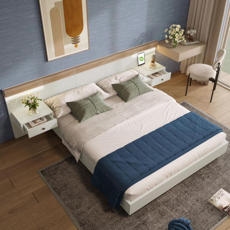 foto del prodotto letto matrimoniale in legno 180 x 200 cm e 2 comodini con led e usb. rovere e bianco. senza materasso