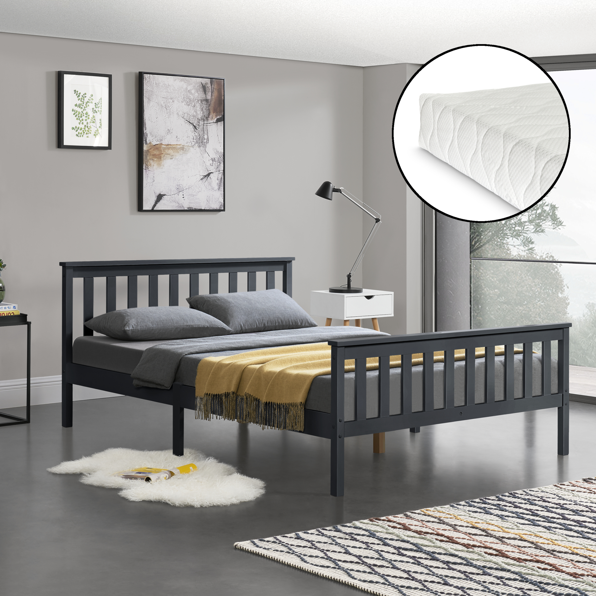 foto del prodotto letto matrimoniale in legno di pino con materasso ipoallergenico 160 x 200 cm letto con testiera e pediera alte grigio