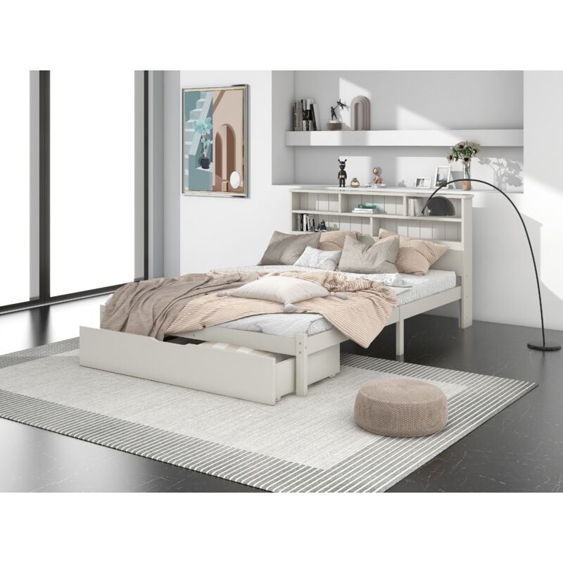 foto del prodotto letto matrimoniale in legno massello con cassetti e rete a doghe, libreria per bambini per ragazzi e adulti, 140x200 cm bianco