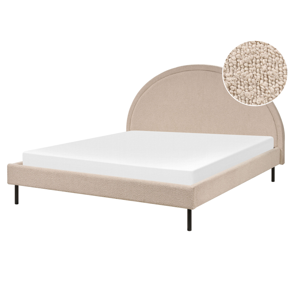 foto del prodotto letto matrimoniale in poliestere boucl beige imbottito con base a doghe e testiera rotonda 160 x 200 cm minimalista retr 