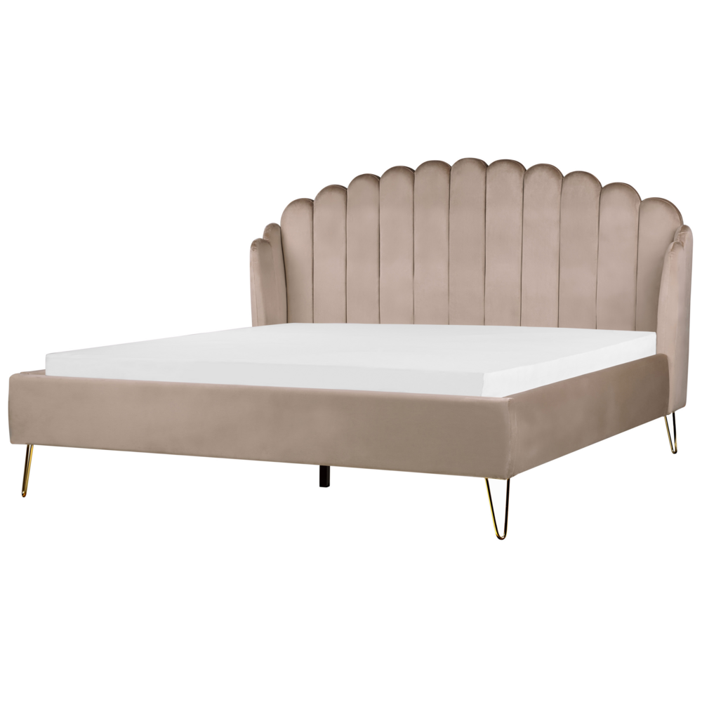 foto del prodotto letto matrimoniale in velluto tortora con testiera a conchiglia con gambe in metallo 160 x 200 cm retro capitonn 