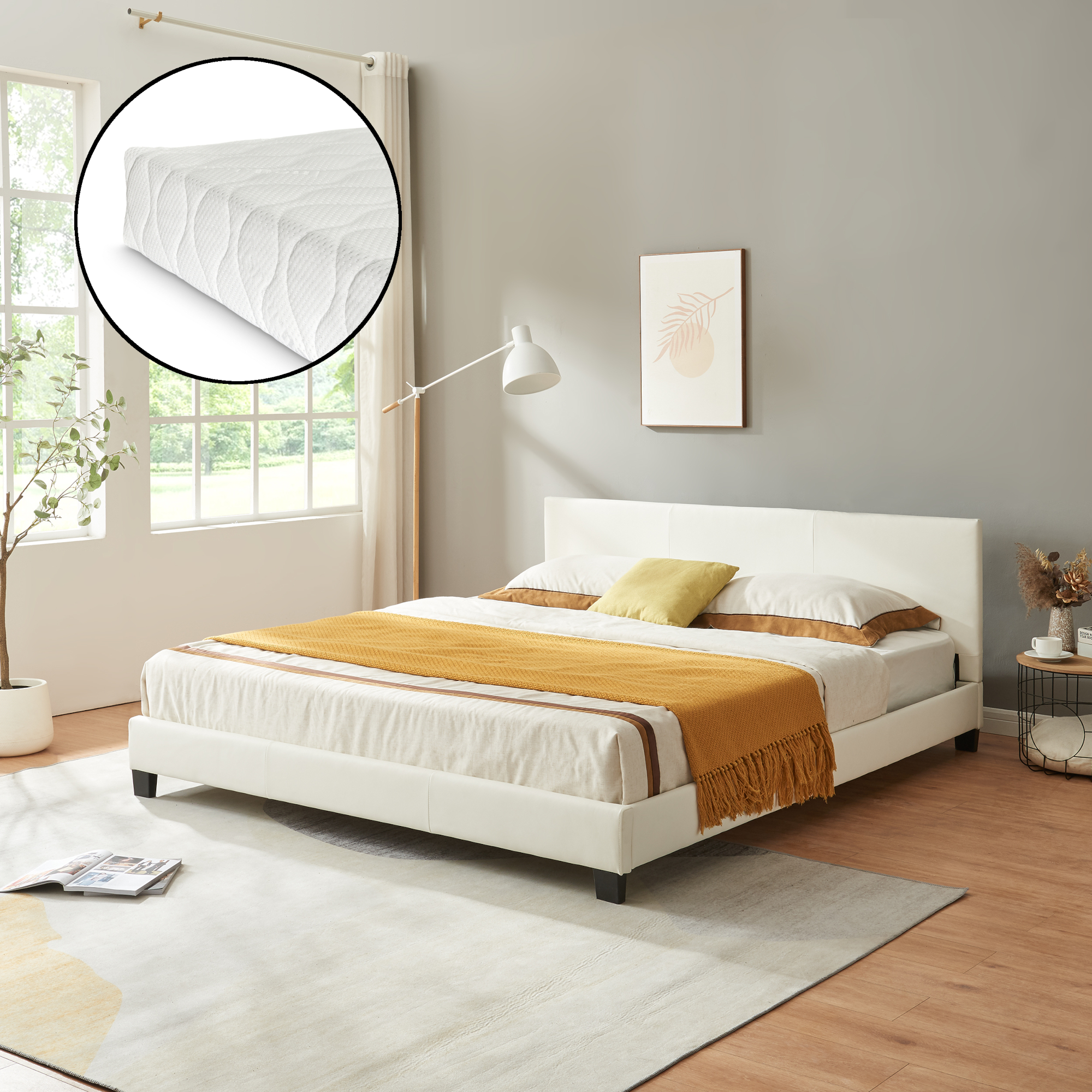 foto del prodotto letto matrimoniale king size albacete con testiera alta e materasso 180x200 cm similpelle bianco corium