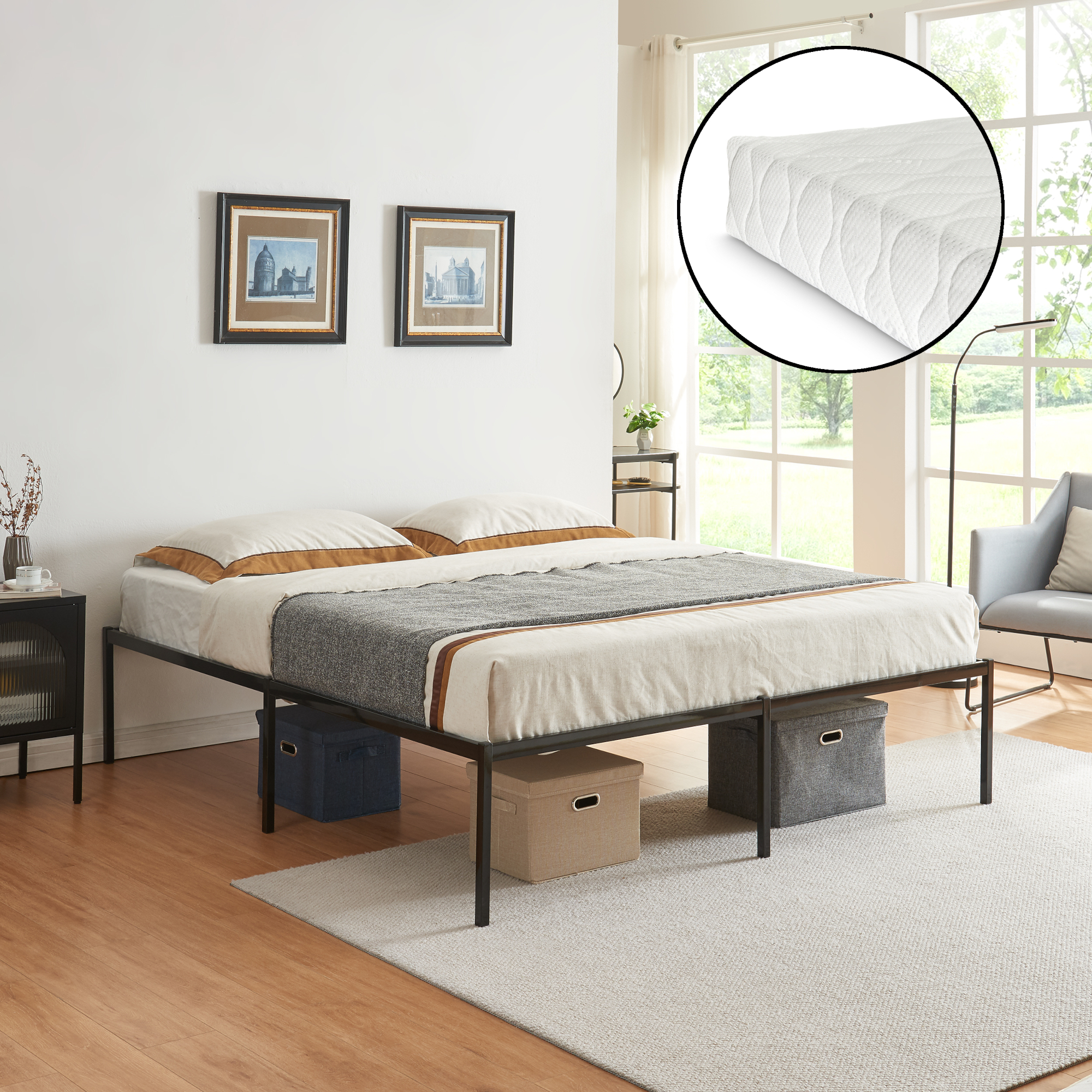 foto del prodotto letto matrimoniale king size v rd in acciaio nero con materasso a schiuma fredda 180 x 200 cm en.casa 