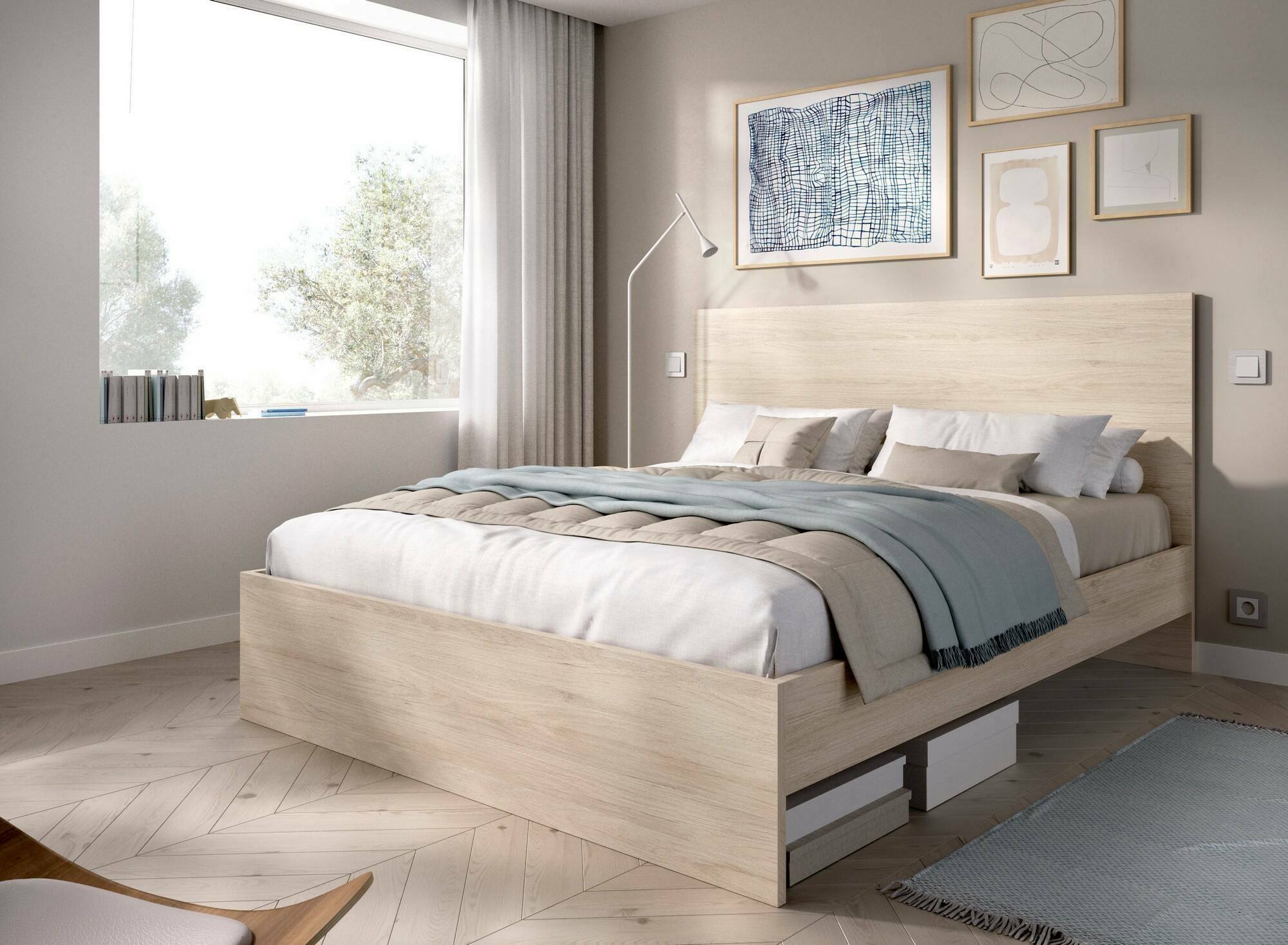 foto del prodotto letto matrimoniale lana, sommier per camera da letto, giroletto per stanza, struttura porta materasso, 166x205 h100 cm, rovere