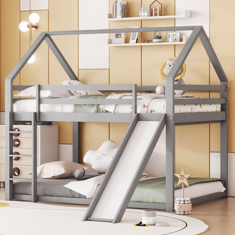 foto del prodotto letto matrimoniale lettino per bambini letto a castello con scivolo e scala, camera dei bambini letto a castello doppio alto, grigio, 140x200 cm