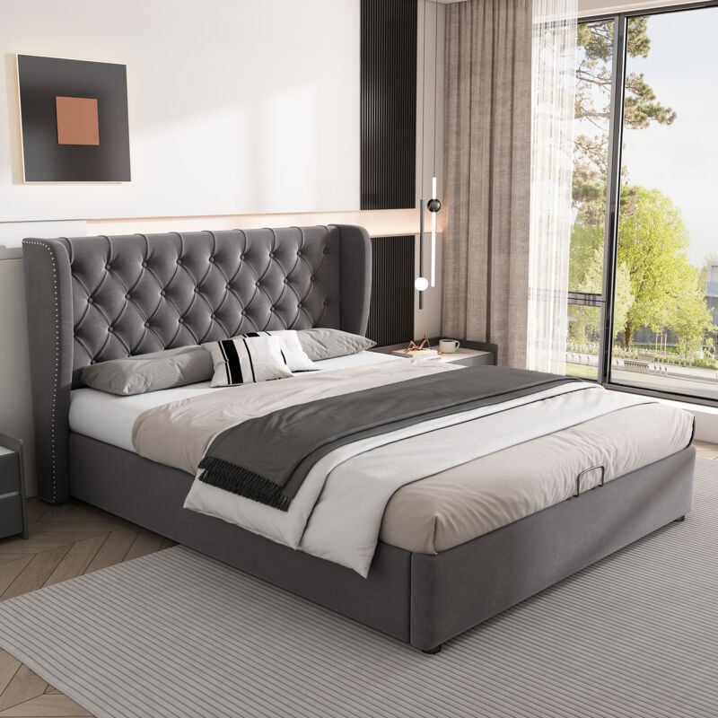 foto del prodotto letto matrimoniale, letto contenitore, funzione idraulica, rete a doghe, vano contenitore, velluto 140x190cm, grigio