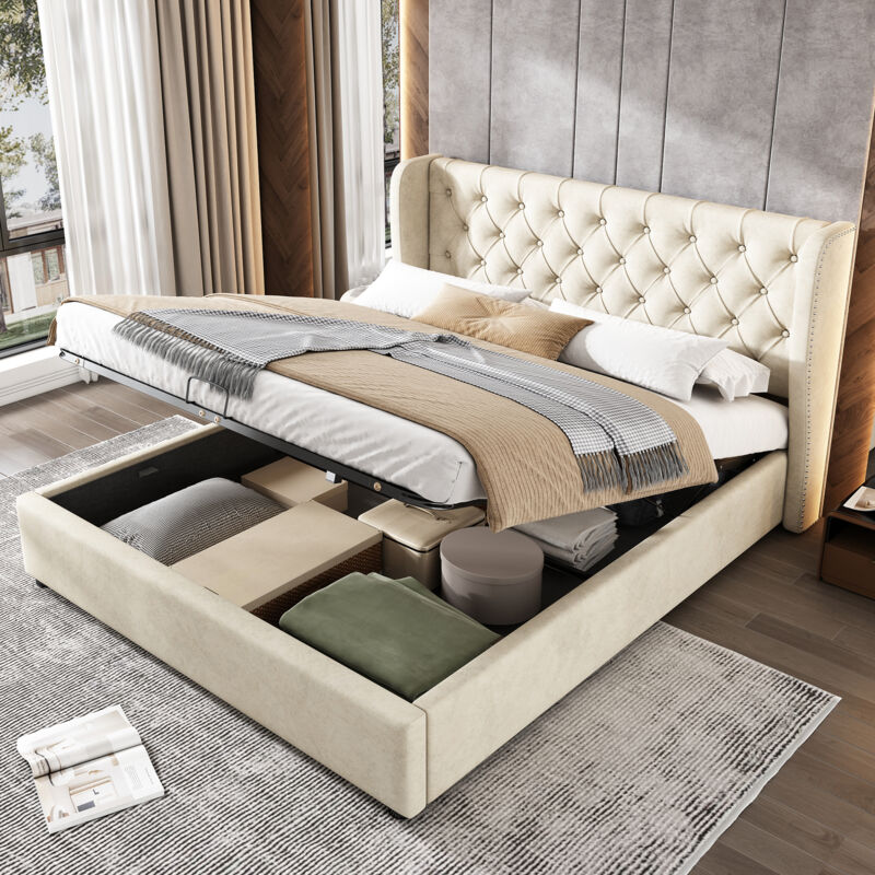 foto del prodotto letto matrimoniale, letto contenitore, funzione idraulica, rete a doghe, vano contenitore, velluto 140x200cm, beige