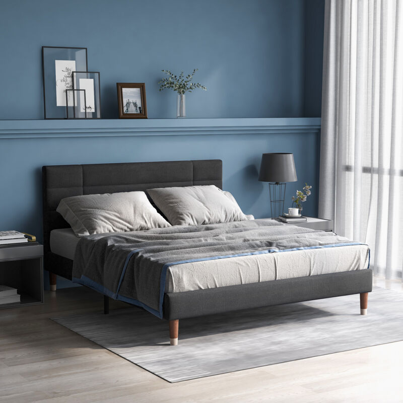 foto del prodotto letto matrimoniale, letto imbottito 140 x 200 cm con rete a doghe e testiera, lino, grigio, senza materasso