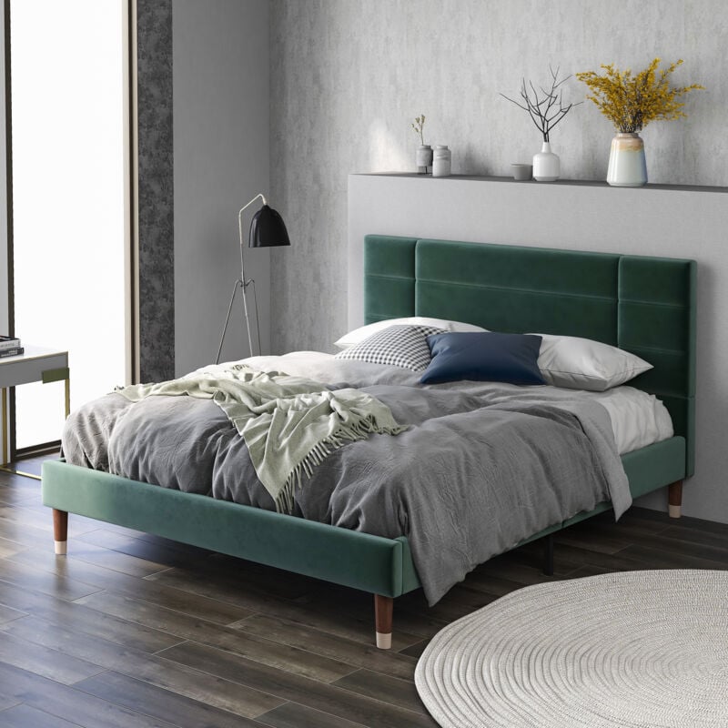 foto del prodotto letto matrimoniale, letto imbottito 140 x 200 cm con rete a doghe e testiera, velluto, verde, senza materasso