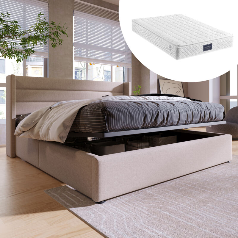 foto del prodotto letto matrimoniale, letto imbottito idraulico, metallo, lino 160 x 200 cm, materasso incluso, beige