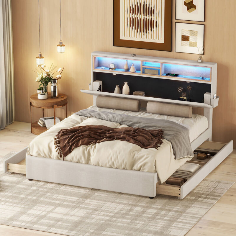 foto del prodotto letto matrimoniale, letto imbottito, spazio contenitivo, testiera, letto con ricarica usb e illuminazione a led, letto funzionale con quattro