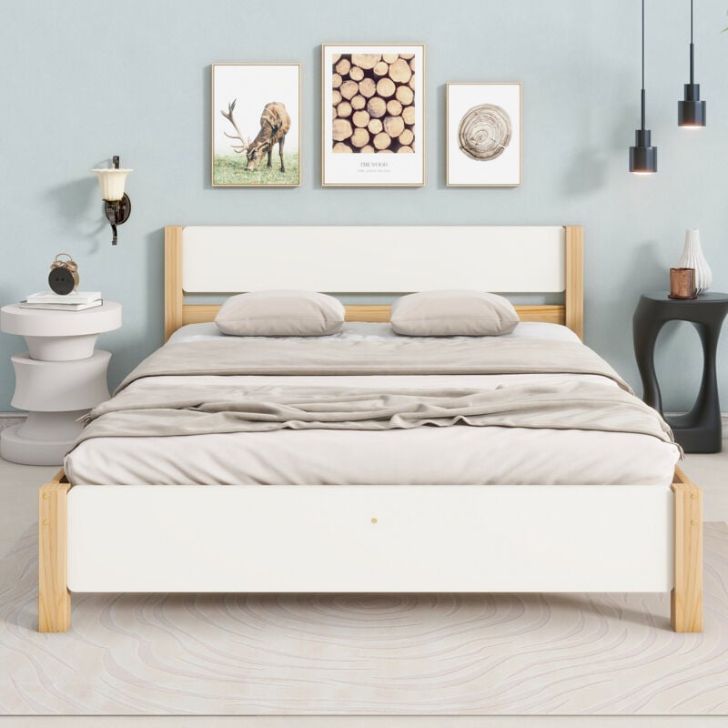 foto del prodotto letto matrimoniale, letto in legno, struttura in pino con gamba centrale, letto per ragazzi, letto per adulti, con testiera e pediera in mdf, bianco