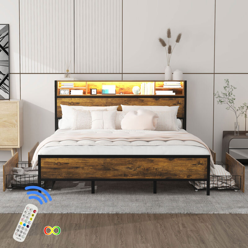 foto del prodotto letto matrimoniale letto per bambini 180 x 200 cm con led, porta di ricarica usb, 4 cassetti marrone