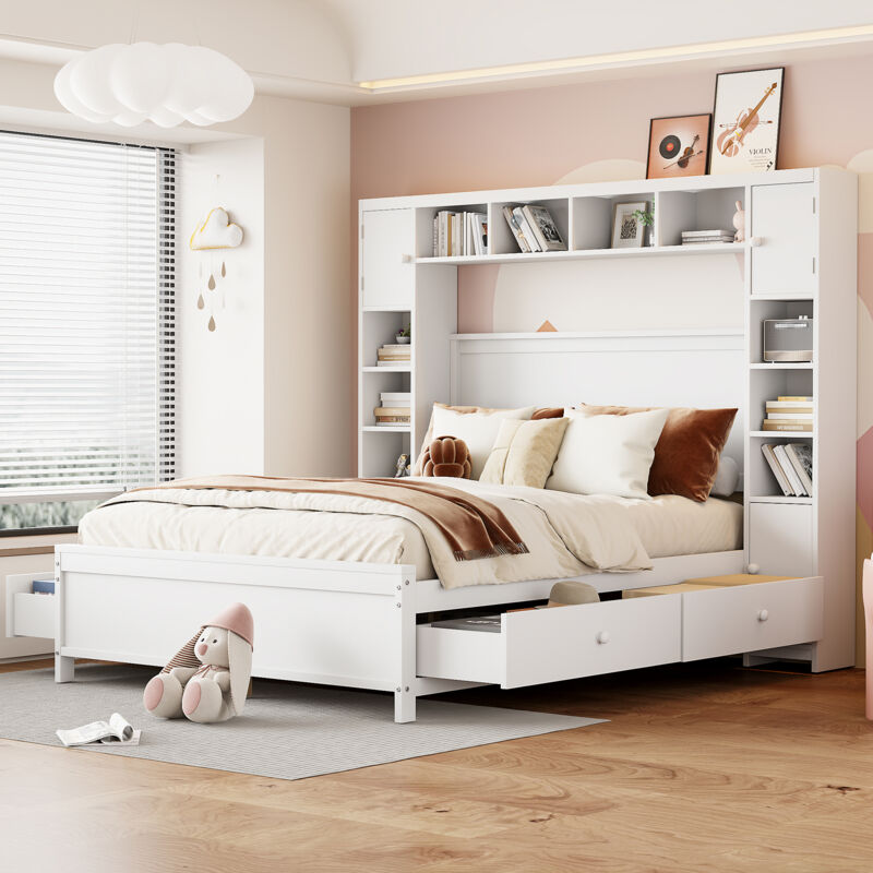 immagine 0 del prodotto letto matrimoniale letto per bambini letto per ragazzi 140 x 200 cm in legno con 4 cassetti e ampio armadio contenitore, bianco