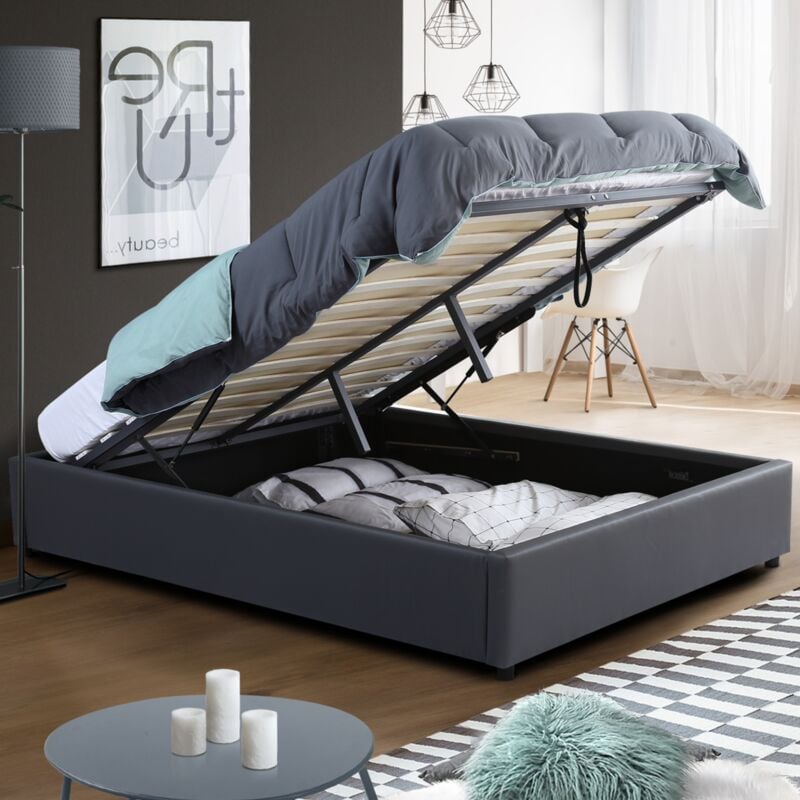 foto del prodotto letto matrimoniale miami con rete a doghe 140 x 190 cm pvc grigio