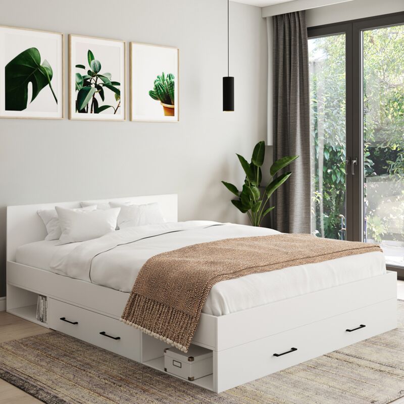 foto del prodotto letto matrimoniale minea 140 x 190 cm con testiera cassetti nicchie di contenimento e rete a doghe bianca