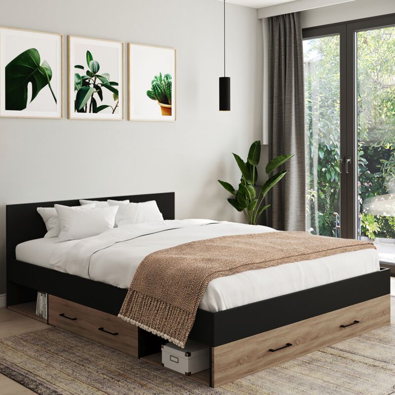 foto del prodotto letto matrimoniale minea 140 x 190 cm con testiera cassetti nicchie di contenimento e rete a doghe in faggio e nero