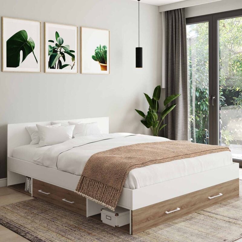 foto del prodotto letto matrimoniale minea con cassetti nicchie di contenimento testata e rete 140 x 190 cm in faggio e bianco