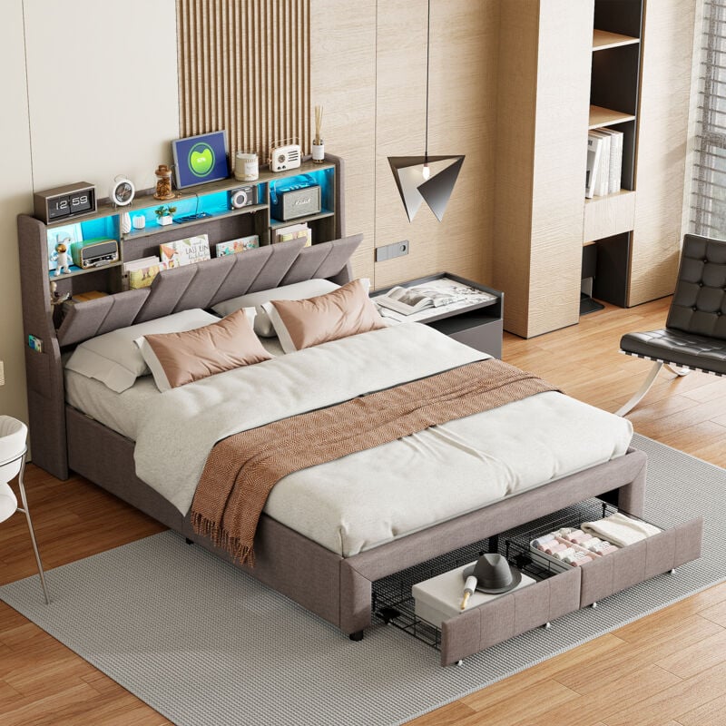 foto del prodotto letto matrimoniale moderno a led con cassetti, letto imbottito con porte di ricarica usb, testiera con libreria, tessuto di lino grigio, doghe in