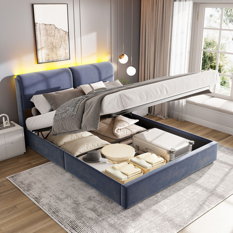 foto del prodotto letto matrimoniale moderno a led con schienale, letto imbottito in velluto grigio 160 x 200 cm, letto idraulico senza materasso
