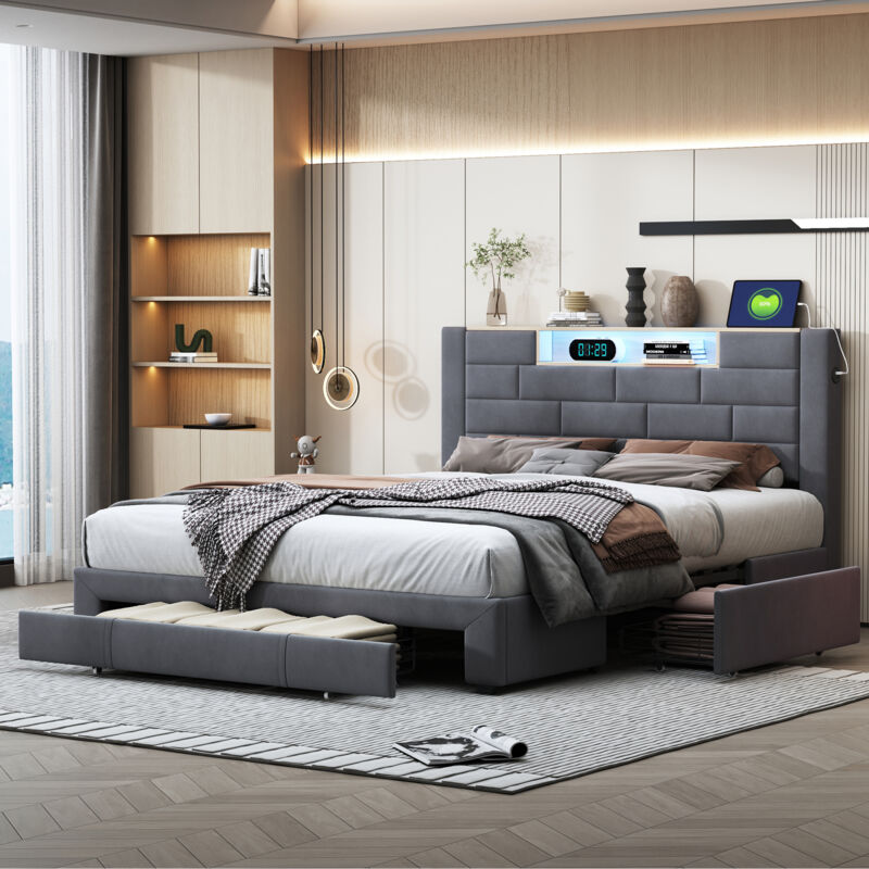 foto del prodotto letto matrimoniale moderno con cassetti, 160 x 200 cm, struttura letto a led con porte di ricarica usb, design a muro in mattoni grigi, testiera