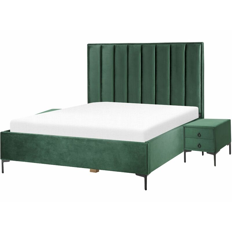 foto del prodotto letto matrimoniale moderno con contenitore e 2 comodini in velluto verde scuro 160 x 200 cm sezanne