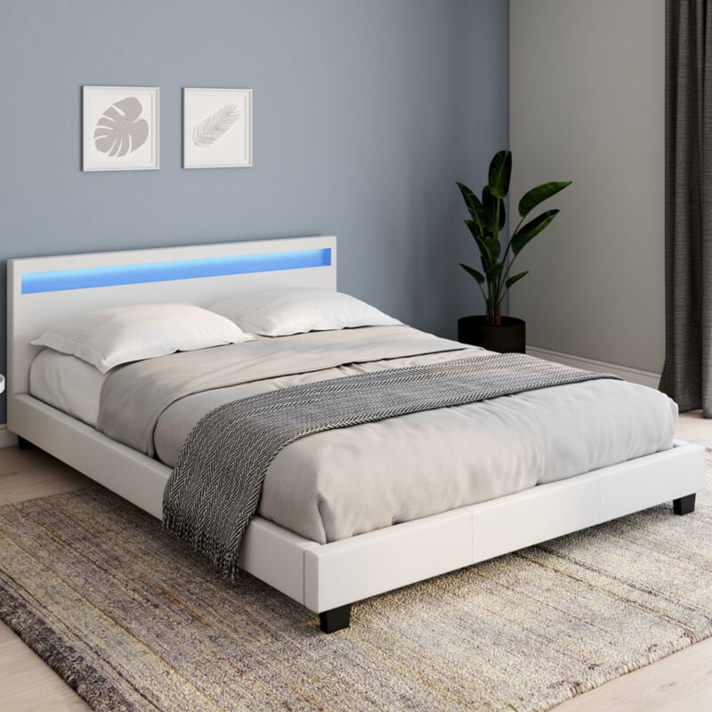 foto del prodotto letto matrimoniale neo con testata led integrata e rete a doghe da 160 x 200 cm in pvc bianco