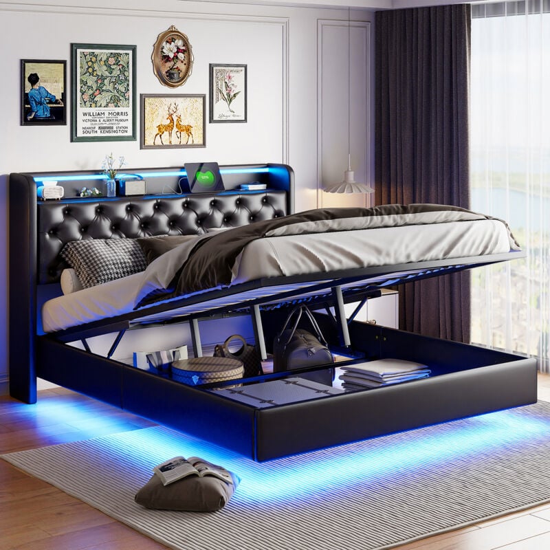 foto del prodotto letto matrimoniale nero con contenitore, 140 x 200 cm moderno letto imbottito in similpelle a led con porte di ricarica usb, letto idraulico con